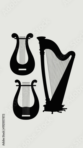 Elegant Black Silhouette of Three Harp Musical Instruments, Featuring a Large Concert Harp and Two Lyres, Isolated on a Soft White Background, Symbolizing Music, Harmony, and Serenity for Classical Ar
