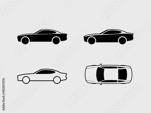 Set of Four Car Icons: Silhouette of a Sports Coupe in Side Profile and Top View, Black and White Line Art Representation, Versatile Vehicle Symbols for Automotive Industry, Media, and Digital Design