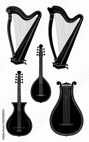 Collection of Silhouetted Stringed Musical Instruments: Harps, Lyre, Mandolin, and Guitar, presented on a clean white background, showcasing diverse orchestral, folk, and classical artistry, perfect f