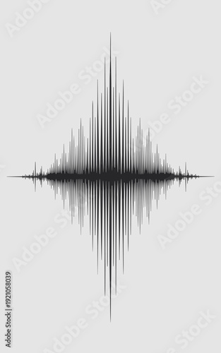 Symmetrical Sound Waveform Amplitude Visualization Graphic: Abstract Audio Signal Pulse Pattern with Peak Intensity in Center, Representing Music Production, Digital Audio Processing, Radio Frequency