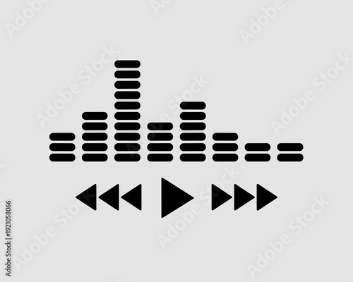 Digital audio equalizer bars graphic with music player controls, representing sound waves and rhythm in a modern, minimalist playlist interface, perfect for media apps and technology websites, conveyi