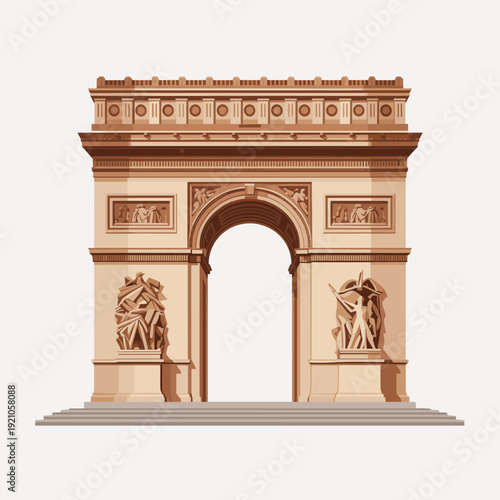 Iconic Arc de Triomphe monument in Paris, France, a symbol of French history, victory, and patriotism, depicted in a detailed, neoclassical architectural illustration, ideal for travel, history, and c