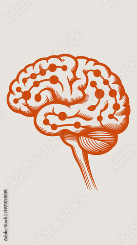 Orange abstract brain graphic with connected nodes symbolizing neural network and artificial intelligence, representing thoughts and learning in a clean white background.  Id  eation, cognition icon,