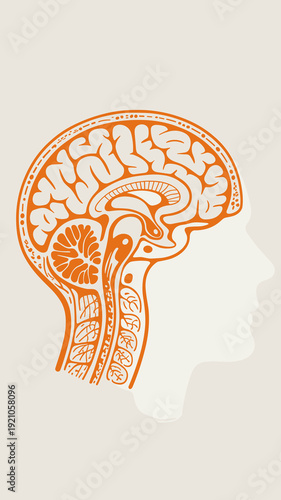 Detailed sagittal brain illustration in vibrant orange, showcasing intricate neural pathways, cerebral cortex, cerebellum, and brainstem within a silhouette of a human head, ideal for medical, scienti