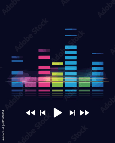 Vibrant Music Visualizer with Digital Equalizer Bars and Playback Controls on Dark Background, Showcasing Audio Dynamics and Sound Waveforms for DJ Setups, Concerts, Streaming Platforms, Party Ambianc