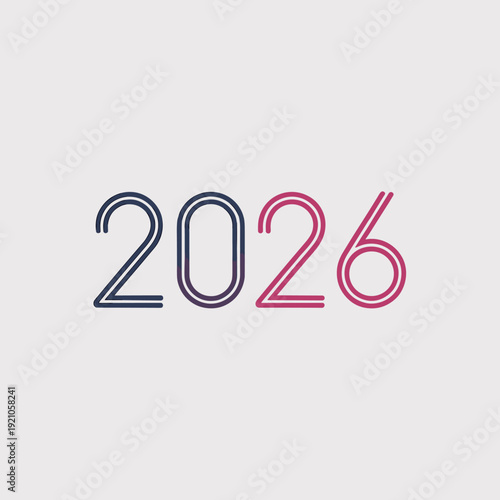 Modern 2026 year number design with gradient colors: blue to purple numeral one, then pink and red numeral six, isolated on a plain light grey background, symbolizing future, planning, new beginnings,