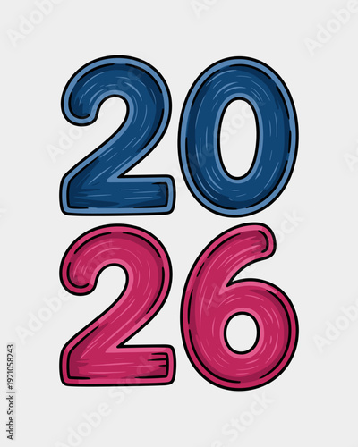 Bold 2026 graphic design featuring two stylized numbers "2" and "0" in blue and two stylized numbers "2" and "6" in pink, separated into a top (20) and bottom (26) row, perfect for new year celebratio