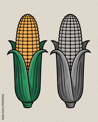 Vibrant Yellow Corn Staple Food Illustration and Monochromatic Grayscale Variant, Representing Organic Agriculture, Healthy Eating Choices, and Farm Fresh Produce Harvested in Autumn Season, Perfect f
