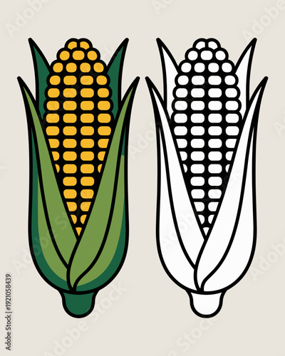 Vibrant Yellow Corn Cob Illustration, Colorful and Outline Versions, Fresh Organic Harvest Symbol for Food Industry, Agriculture, Harvest Festival, Healthy Eating, Natural Nutrition, Farm to Table Con
