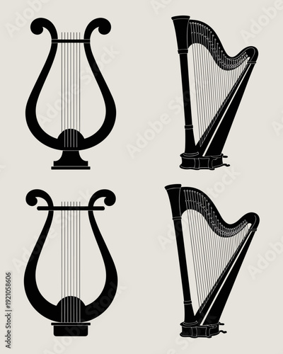Four Silhouettes of Ancient Lyres and Modern Harps: A Visual Study of Stringed Musical Instruments, Classical Music, Folk Traditions, Performance Art, Orchestral Ensemble, Recording Studio, Educationa