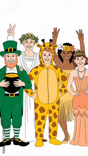 Diverse group of smiling people in fun costumes, including a leprechaun with pot of gold, Roman Emperor, giraffe, hula dancer, and princess; celebrating unity, friendship, and diversity at a party or