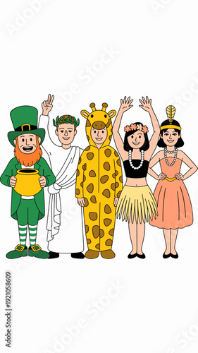 Diverse Group of People in Fun Costumes: Leprechaun with Pot of Gold, Roman Emperor, Giraffe, Hawaiian Dancer, and Native American Woman Celebrate Together at a Festive Party Event, Vibrant Cartoon St