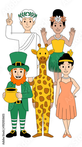 Diverse Group of People in Costumes: Roman Emperor, Hawaiian Dancer, Leprechaun with Pot of Gold, Giraffe Character, and Flapper Girl Celebrating Together Merrily, a Festive and Fun Gathering of Vario