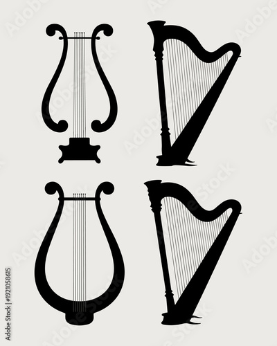 Collection of four black silhouette stringed musical instruments; ancient lyres and elegant harps displayed against a neutral background, representing melody, harmony, classical music, performance, an