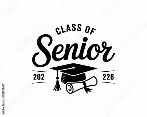Class of Senior 2026 Graduation Celebration, a celebratory design featuring a graduation cap, diploma scroll, and year numbers 202 and 226, representing school year milestones for high school and coll