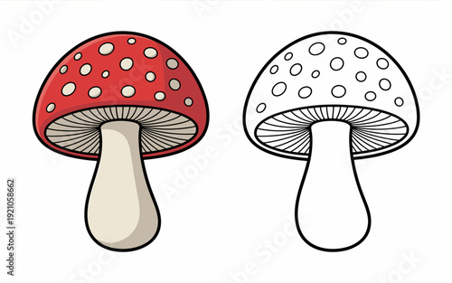 Vibrant Red Amanita Muscaria Mushroom with White Spots, Side-by-Side with Outline Coloring Page, Vibrant Forest Floor Flora Fun Fantasy Creatures, Digital Illustration for Children's Games, Fairytale