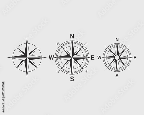 Set of three graphic compasses illustrating navigation and direction, perfect for travel, adventure, business strategy, exploration, and wayfinding design elements. Stylized cartography symbols for gu