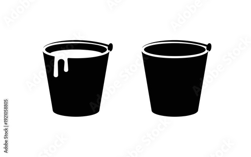 Two black buckets, one overflowing with white liquid and dripping down its side, the other empty, symbolizing contrast, comparison, and choice in industrial, artistic, and domestic settings, clean vec