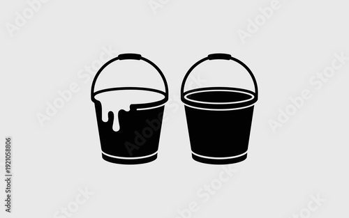 Two Black Buckets: One Overflowing with White Liquid and Dripping, Symbolizing Excess or Spillage, Alongside a Full Bucket, Representing Completion or Readiness, Clean Vector Graphics on a Light Grey