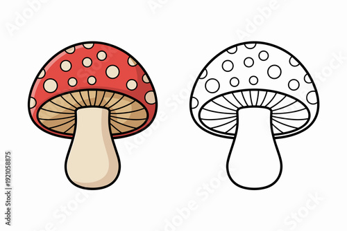 Cute Cartoon Mushroom Illustration: Red Amanita with White Spots and Outline Version for Coloring Pages, Isolated on White Background, Perfect for Children's Books, Fantasy Art, Game Design, Eco Theme