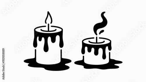 Set of Two Black and White Stylized Melting Candles with Dripping Wax, Representing Warmth, Ambiance, and Remembrance, Perfect for Holiday Decorations and Atmospheric Graphics, Isolated on White Backg