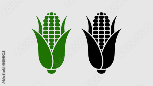 Two stylized corn on the cob icons, one vibrant green and the other solid black, presented side-by-side on a clean, neutral grey background, representing agriculture, organic food production, harvest,