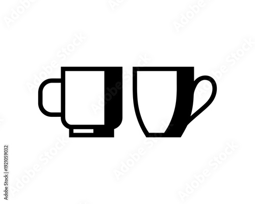 Two Black Outline Coffee Mugs, One Straight-Sided and One Curved, Facing Front on a Clean White Background, Symbolizing Beverage Preparation, Cafe Culture, Kitchenware, and Morning Rituals; A Minimali