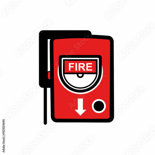 Fire alarm safety device. The fire alarm has a red color, with a clear “FIRE” text sign at the top. There is a arrow in front of the device.
