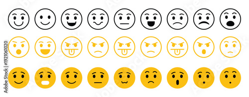 The emoticon set features colorful flat emoji faces, depicting happiness, sadness, anger