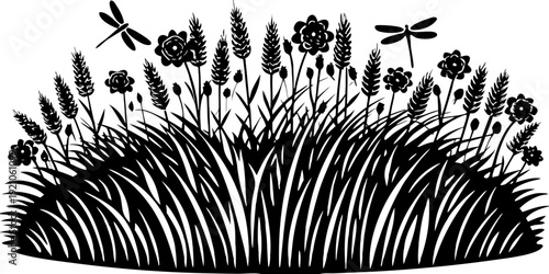 Wildflowers and dragonflies in silhouette meadow grass, meadow, grass, wildflowers, cattails, reeds, grasses, dragonflies, insects, flying, nature, silhouette, black and white, outdoor, summer, field,