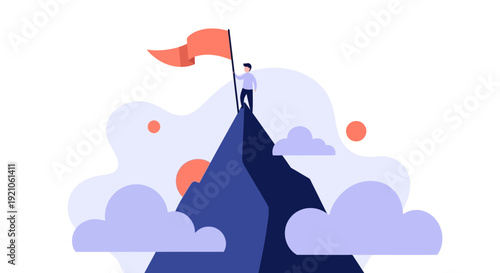 Man Standing on Mountain Peak with Flag.
