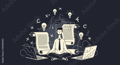 Man Meditating with Documents and Laptops.