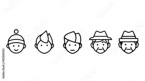 minimalist line art diverse human faces ages infant to senior for ux design user personas generational concepts.