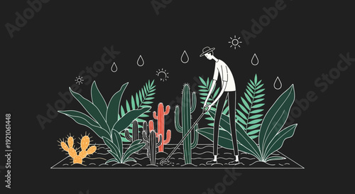Man Watering Plants in Garden Illustration.
