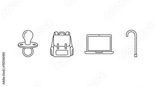 minimalist line art icons illustrating human life stages and generational changes pacifier backpack laptop walking cane.