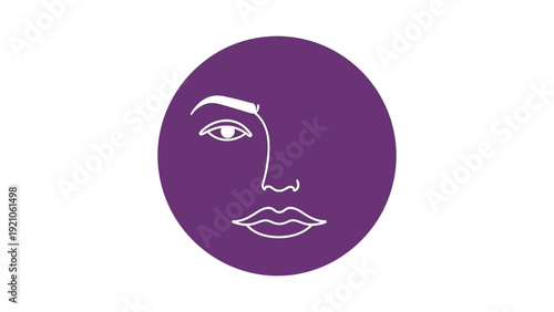 minimalist line art partial face in purple circle conveying modern aesthetic beauty abstract elegance and self-care concepts.