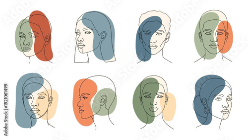 minimalist line art portraits of diverse women abstract shapes emphasize individuality modern beauty and female empowerment.