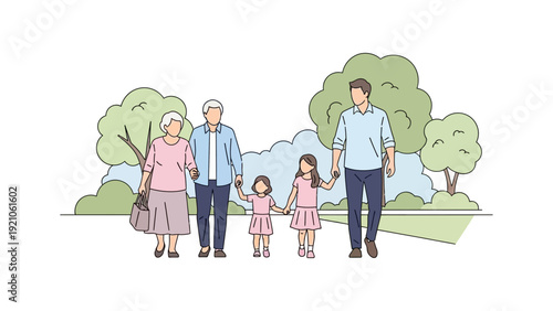 multi-generational family with grandparents father and two daughters walking hand in hand through a peaceful park illustrating family bonding and outdoor leisure.