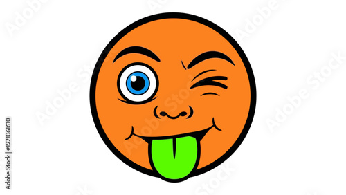 orange cartoon face winking with blue eye and green tongue a mischievous emoji expressing fun and silliness for childrens content.