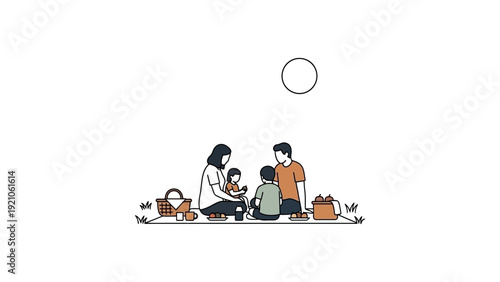outdoor family picnic illustration parents and two children enjoying food on a blanket under a sun depicting summer relaxation.