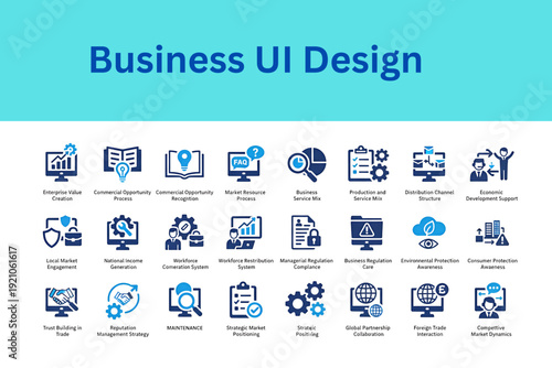 Integrated business management icons for digital platform user interfaces. Enterprise creation, market process, workforce system, strategic positioning