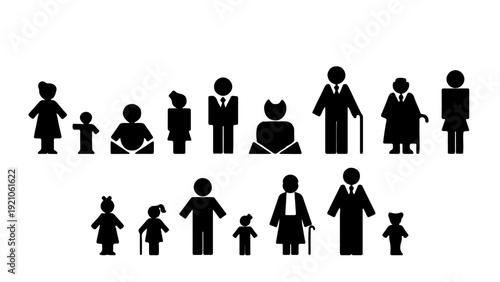 people icons illustrating diverse human life stages family professionals and general demographics from baby to elderly for web design.