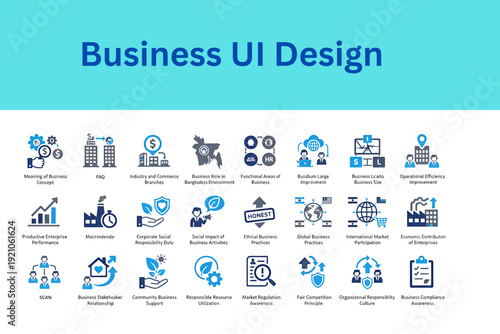 Versatile corporate icons for business role and environmental impact analysis. Illustrations of market awareness, organizational responsibility, business size, stakeholder relations