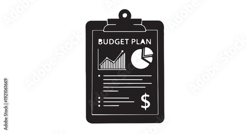 Budget Plan Clipboard with Graphs and Dollar Sign in Simple Flat Design with White and Black Colors for Financial Documents