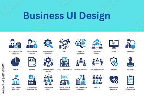Modern enterprise and public sector management icons for web. State owned enterprise, government corporation, cooperative society, public admin