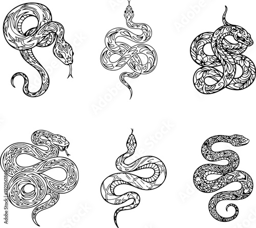 Set of ornate snake illustrations with floral and tribal patterns, black and white serpent silhouettes for tattoo design