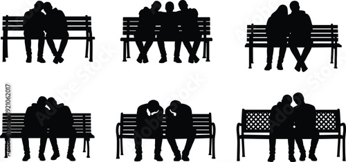Collection of romantic couple silhouettes sitting on park benches, black isolated vector set depicting love, relationship, affection, and intimate moments outdoors