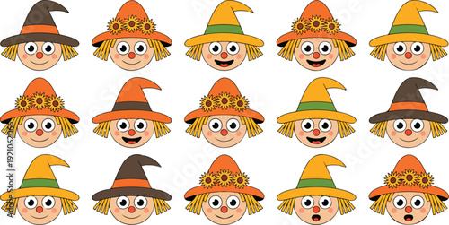 Scarecrow Faces Bundle Halloween and Thanksgiving Cartoon Clipart Vector