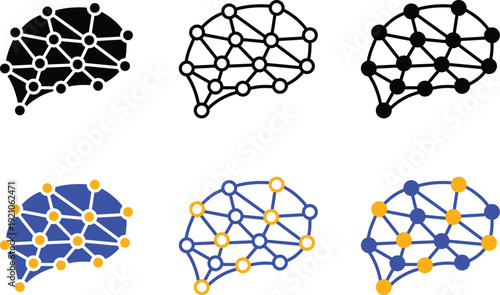 Abstract Digital Brain Neural Network Nodes for Artificial Intelligence Machine Learning and Data Connectivity Technology Vector Silhouette, Pictogram and Line Icon Set.eps