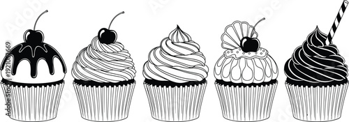 Black and white illustration of five decorated cupcakes with swirled frosting, cherries, chocolate drips, shell topper, and straw design isolated on white background